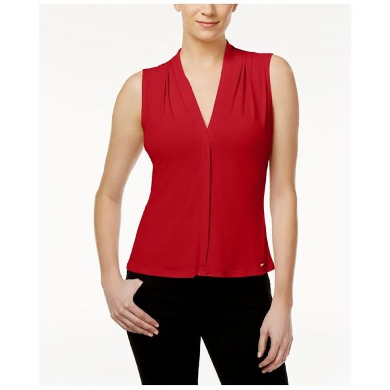 VNeckTopAmberCalvin Klein Women's Gathered V-Neck Sleeveless Top Red Size Extra Large - X-Large