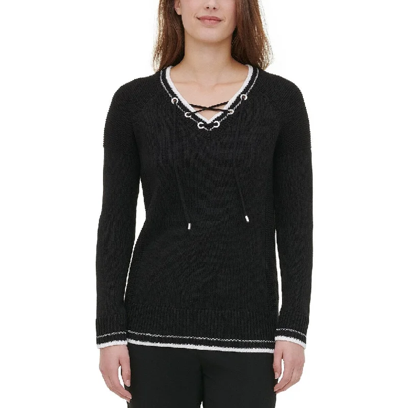 VNeckTopPearlCalvin Klein Women's Lace-Up V-Neck Sweater Black Size Extra Large