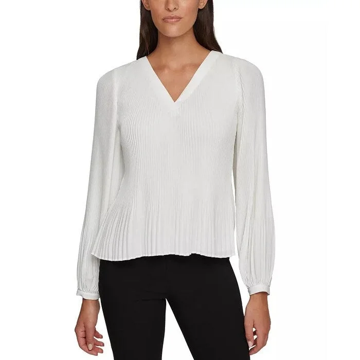 VNeckTopCalvin Klein Women's Pleated V-Neck Blouse White Size Medium