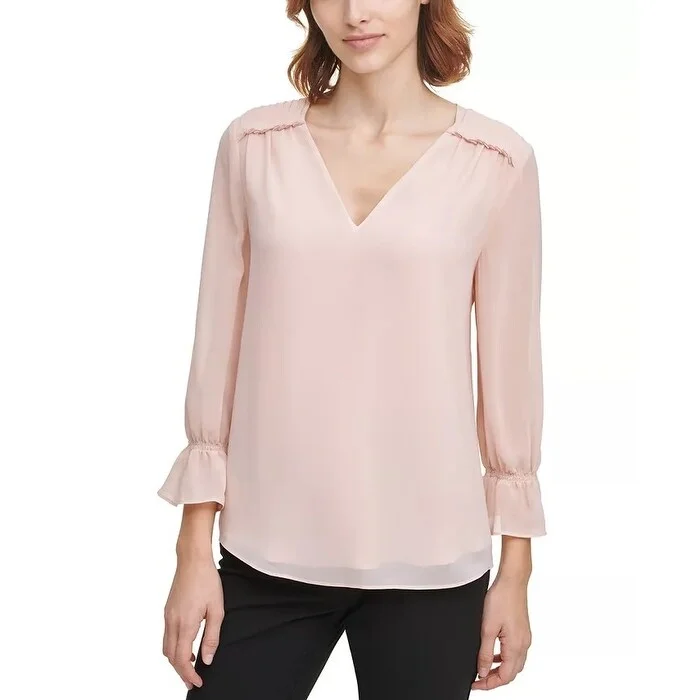 VNeckTopAdventurerCalvin Klein Women's Ruffled V-Neck Top Pink Size Large