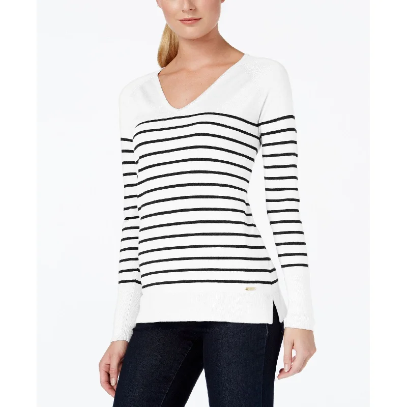 VNeckTopCanyonCalvin Klein Women's Striped V-Neck Sweater, White, L