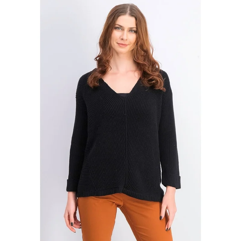 VNeckTopStrataCharter Club Women's Cotton Textured V-Neck Sweater Black Size X-Small