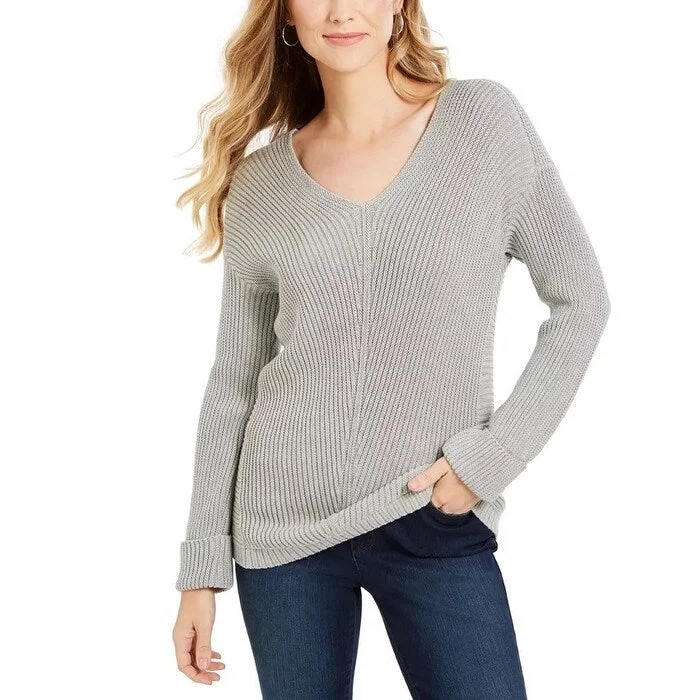 VNeckTopTerraCharter Club Women's Cotton Textured V-Neck Sweater Gray Size XL - X-Large