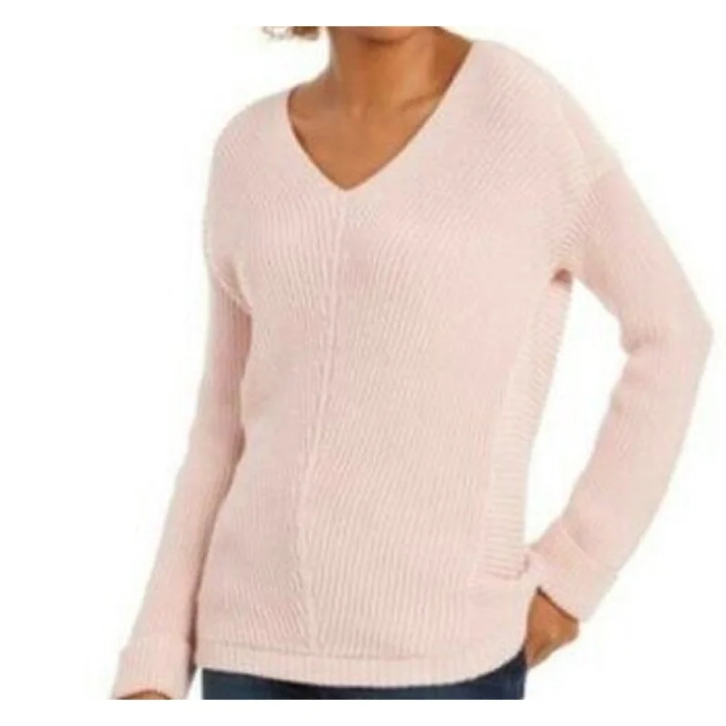 VNeckTopPearlCharter Club Women's Cotton Textured V-Neck Sweater Pink Size Large