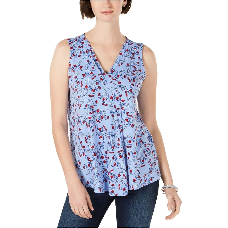 VNeckTopDriftCharter Club Women's Petite Pleated V-Neck Floral Top Blue Size Small