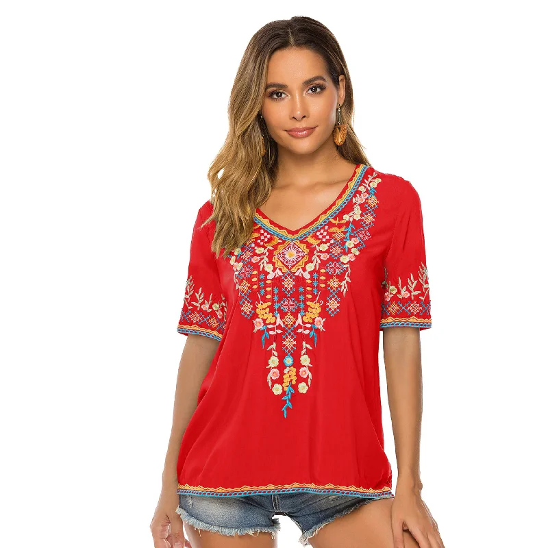 VNeckTopZenCOTTON PLUS-SIZE V-NECK ETHNIC EMBROIDERED BLOUSE_CWTBLS0662