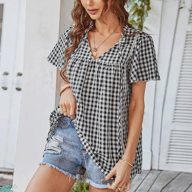 VNeckTopRiseCOTTON V-NECK PLAID BLOUSE_CWTBLS0485