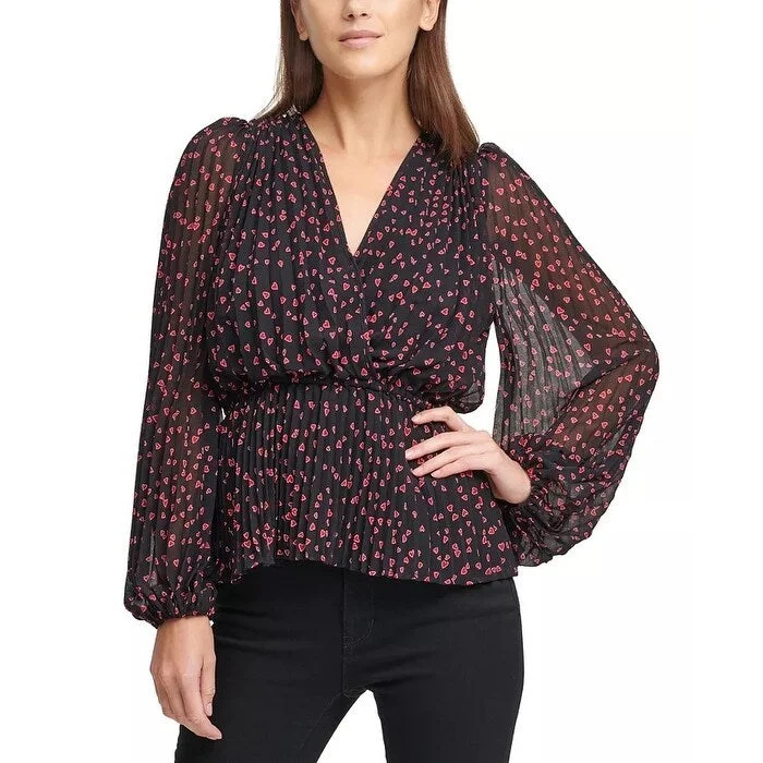 VNeckTopExplorerDKNY Women's Printed Pleated V-Neck Wrap Blouse Red Size Extra Large - X-Large