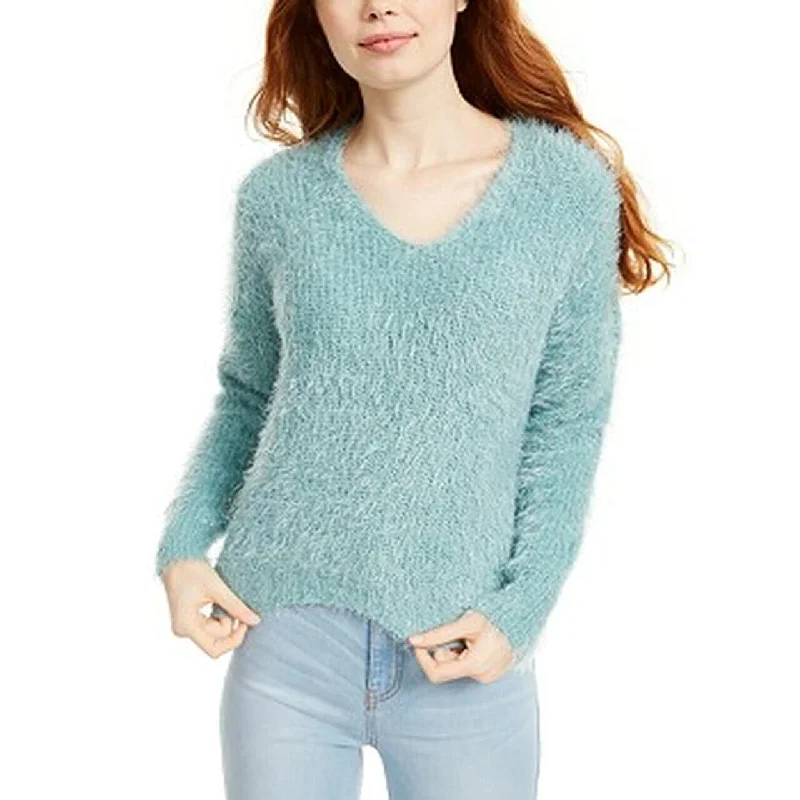 VNeckTopValkyrieFreshman Juniors' Fuzzy V-Neck Sweater Aqua Size Extra Large