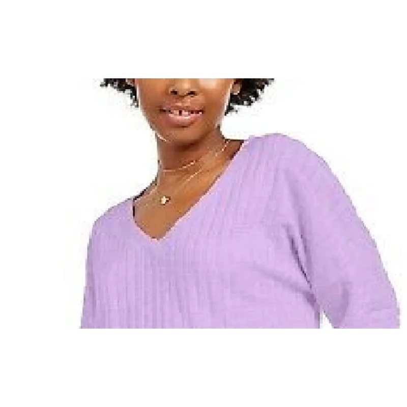 VNeckTopQuartzHippie Rose Juniors' Cozy V-Neck Ribbed Top Purple Size Medium