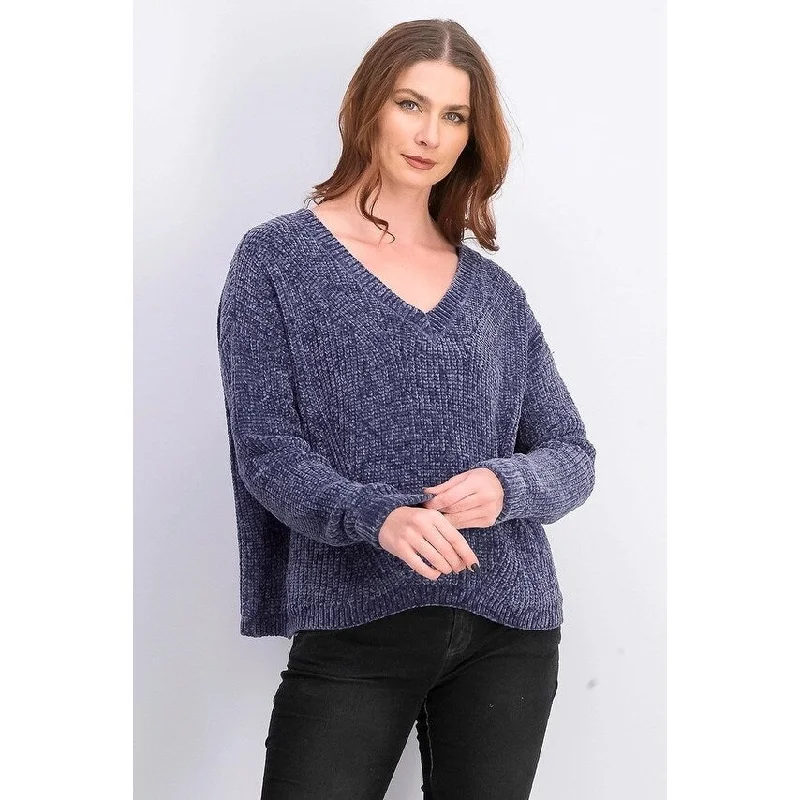 VNeckTopMaxHippie Rose Juniors' V-Neck Chenille Sweater Purple Size X-Small