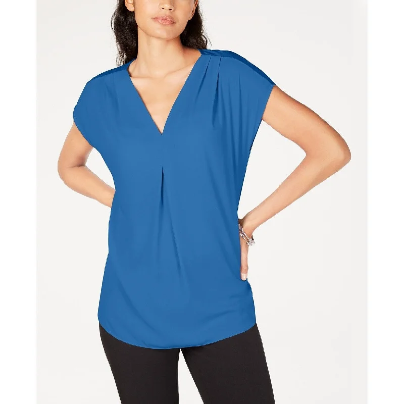 VNeckTopGalaxyINC International Concepts Women's Inverted-Pleat V-Neck Top Blue Size Large