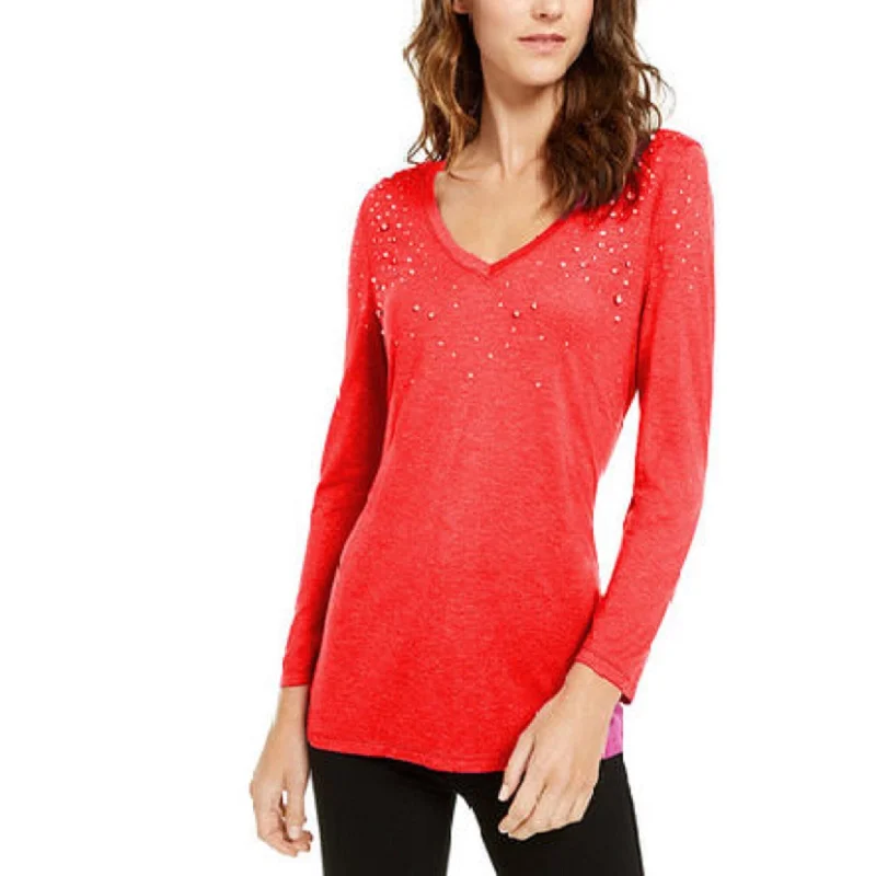 VNeckTopNovaINC Women's Embellished Shine V-Neck Top Dark Red Size Medium