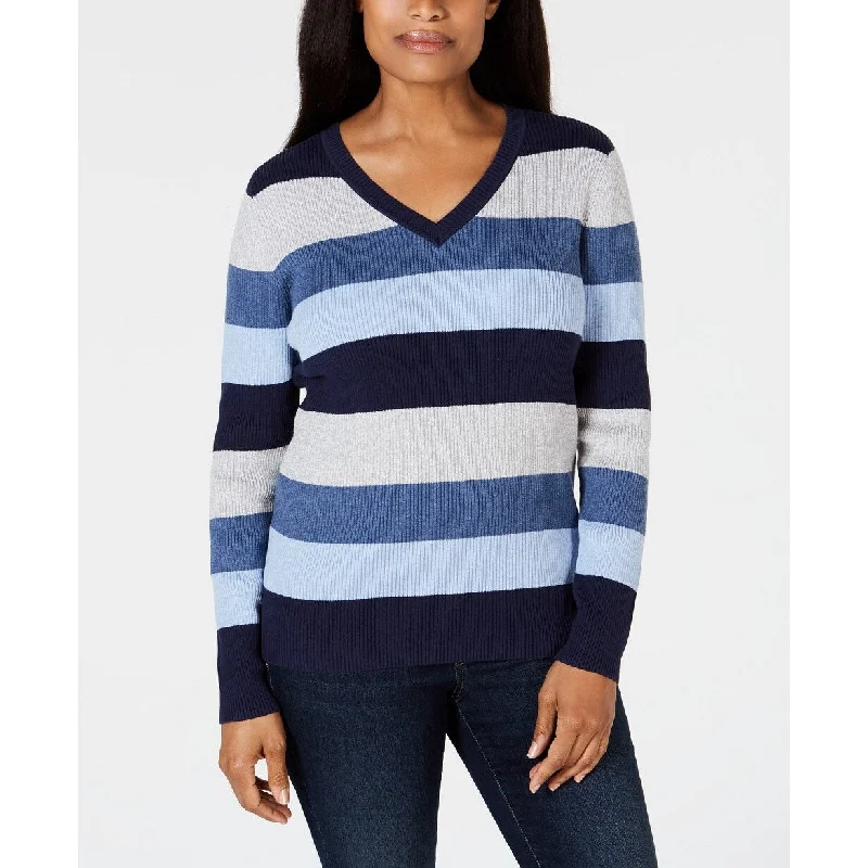 VNeckTopProKaren Scott Women's Colorblocked V-Neck Cotton Sweater Blue Size Extra Large