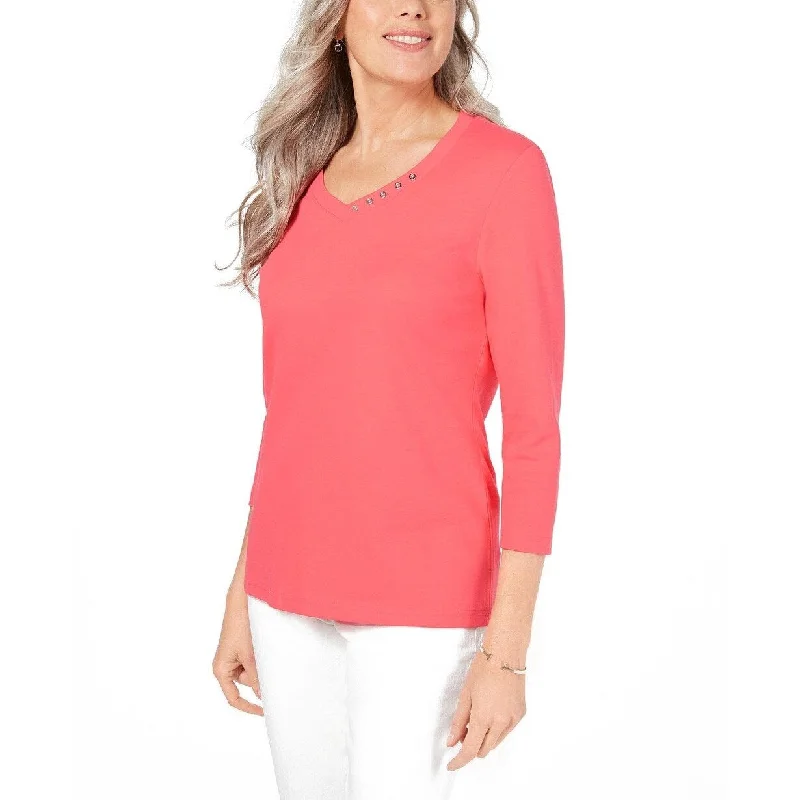 VNeckTopFlexKaren Scott Women's Cotton V-Neck Button-Trim Top Coral Size Small