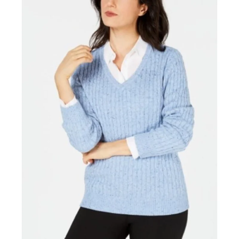 VNeckTopSolarKaren Scott Women's Petite Cable-Knit V-Neck Sweater Blue Size Medium