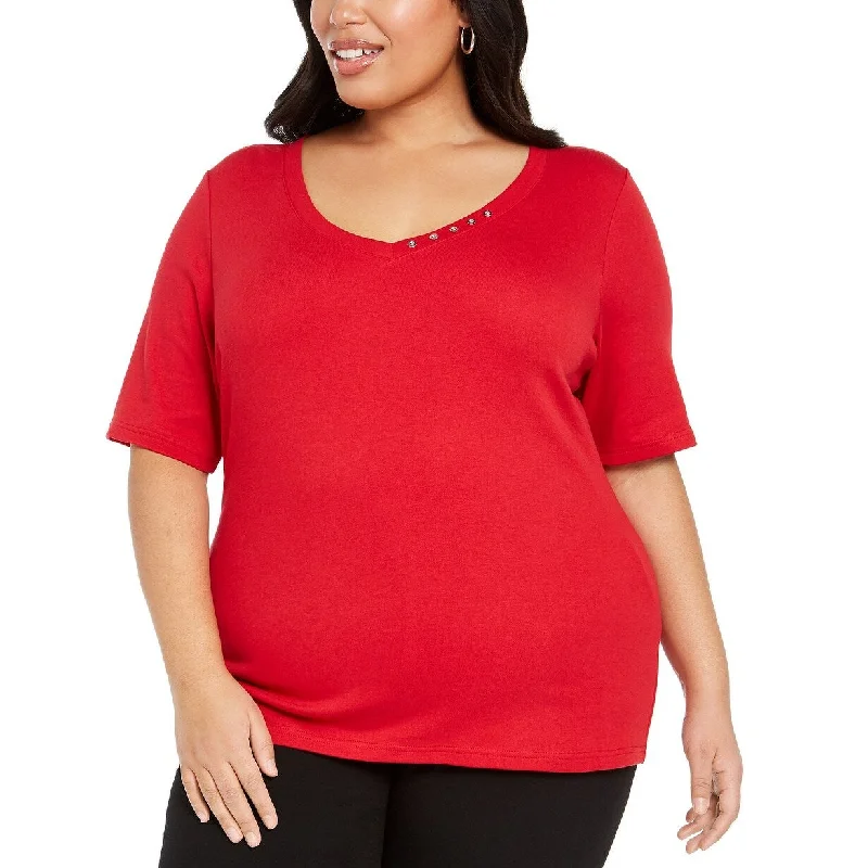 VNeckTopPlatinumKaren Scott Women's Plus Size Cotton V-Neck Top Red Size 2X