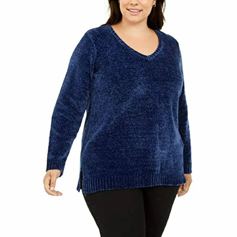 VNeckTopTideKaren Scott Women's Plus Size V-Neck Chenille Sweater Blue Size 1X