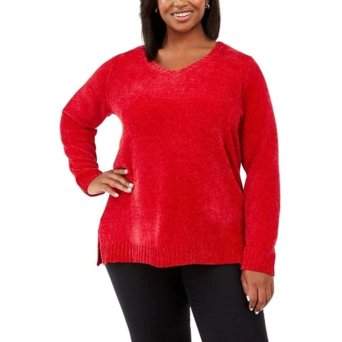 VNeckTopLiteKaren Scott Women's Plus Size V-Neck Chenille Sweater Bright Red Size 2X