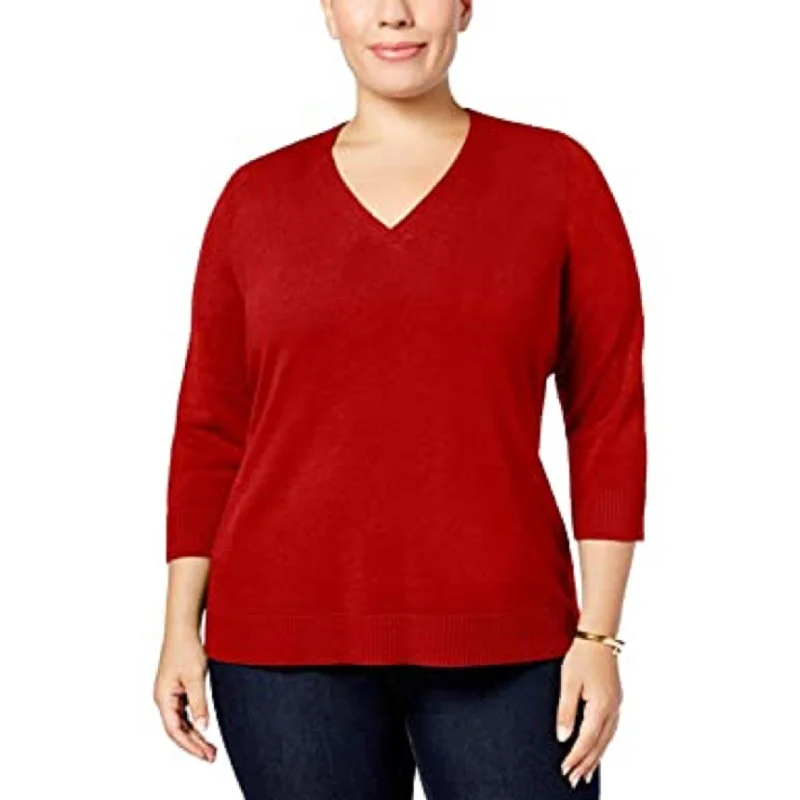 VNeckTopUltraKaren Scott Women's Ribbed V-Neck Sweater Bright Red Size X-Large - XL