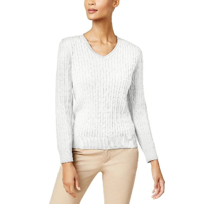 VNeckTopQuartzKaren Scott Women's Solid Cable-Knit V-Neck Sweater White Size Small