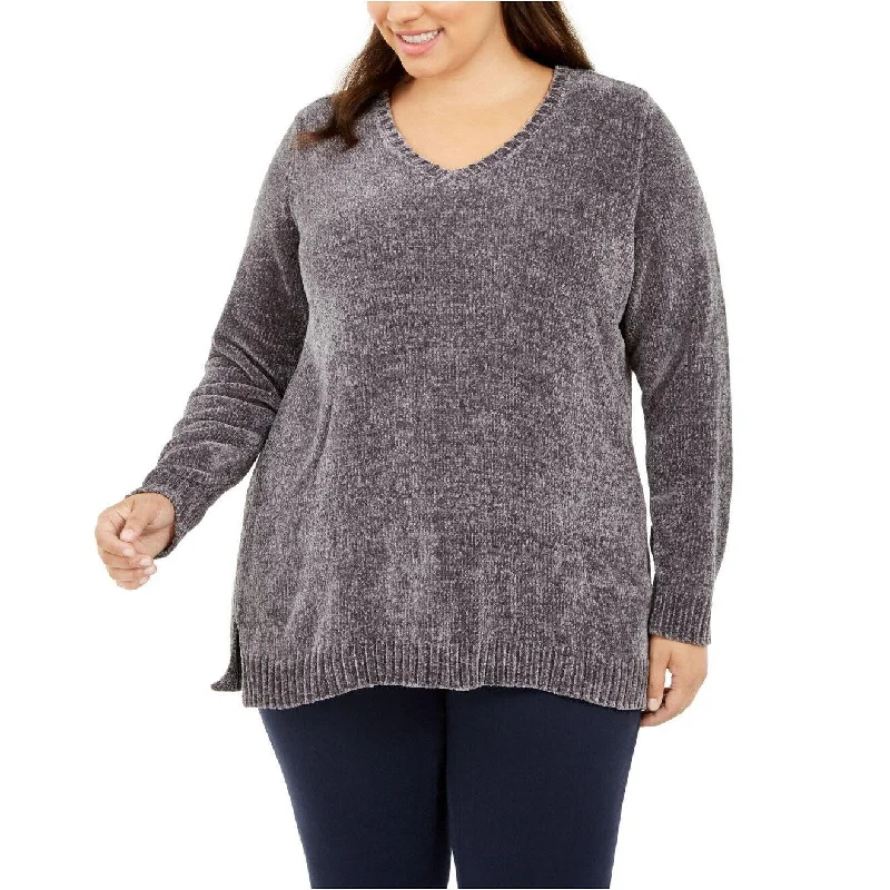 VNeckTopAquaKaren Scott Women's V-Neck Chenille Sweater Dark Gray Size Large