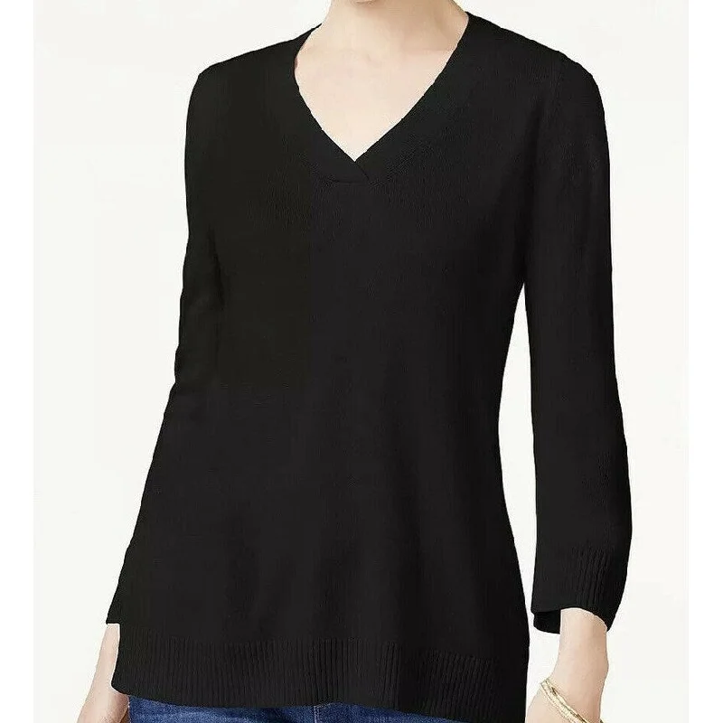 VNeckTopVibeKaren Scott Women's V-Neck Solid Sweater Black Size Extra Small