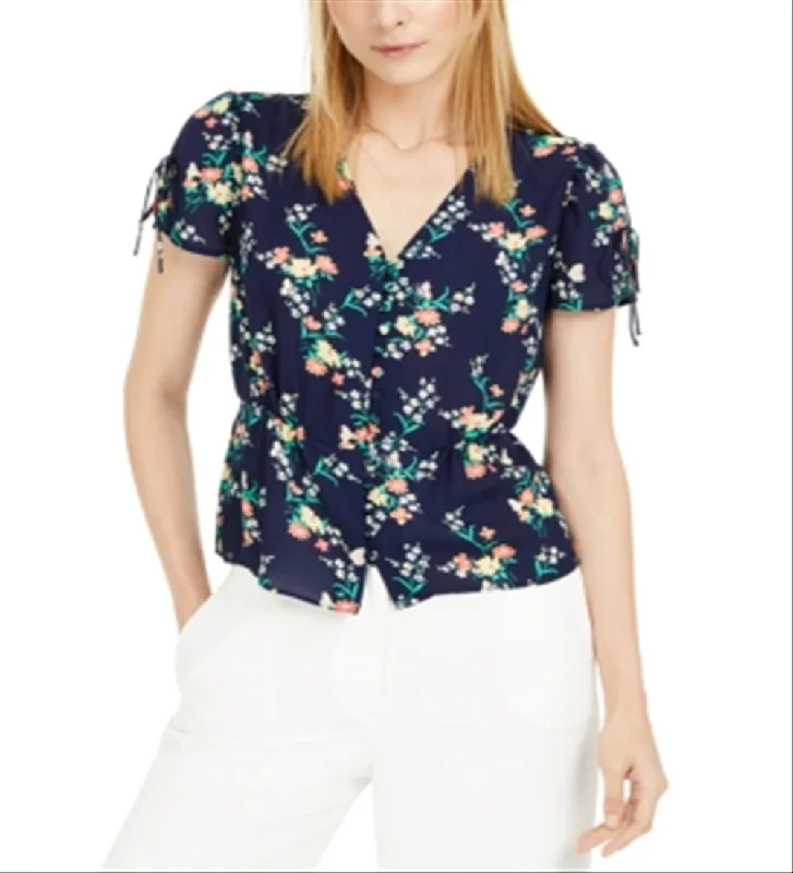 VNeckTopCrystalMaison Jules Women's Floral V-Neck Blouse Blue Size M