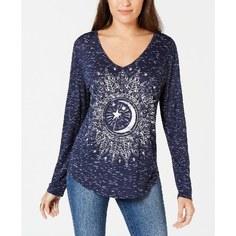 VNeckTopGeoStyle & Co Women's Petite Long-Sleeve V-Neck Graphic Top Navy Size Petite - P/P