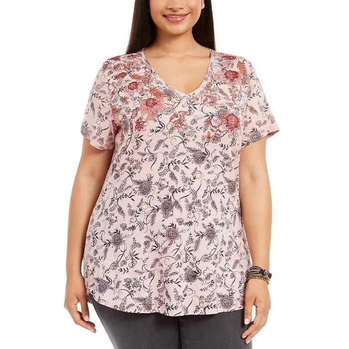 VNeckTopApexStyle & Co Women's Plus Size Printed Cotton V-Neck Top Bright Red Size 2X