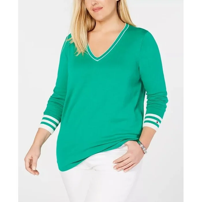 VNeckTopMarineTommy Hilfiger Women's Plus Size Cotton V-Neck Sweater Green Size 3X