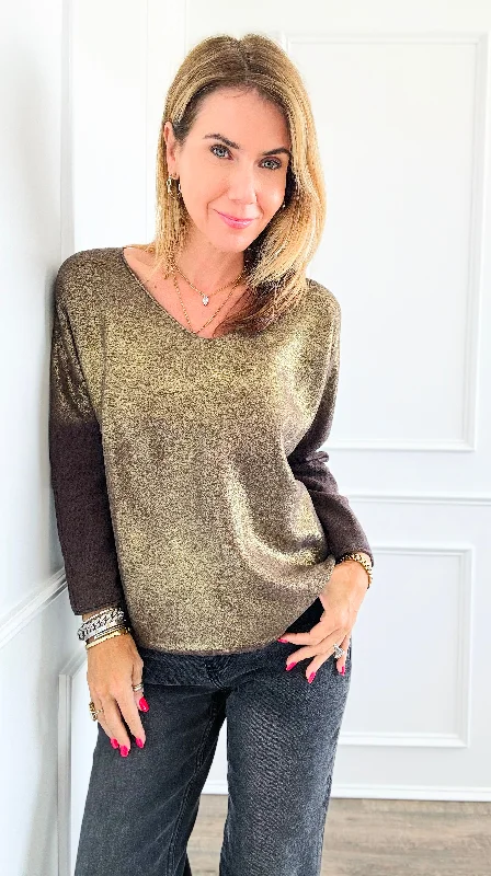 PulloverstripedGold Shine V-Neck Italian Pullover- Brown