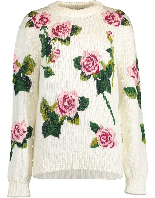 PulloverdesignWhite Rose Intarsia Crewneck Pullover