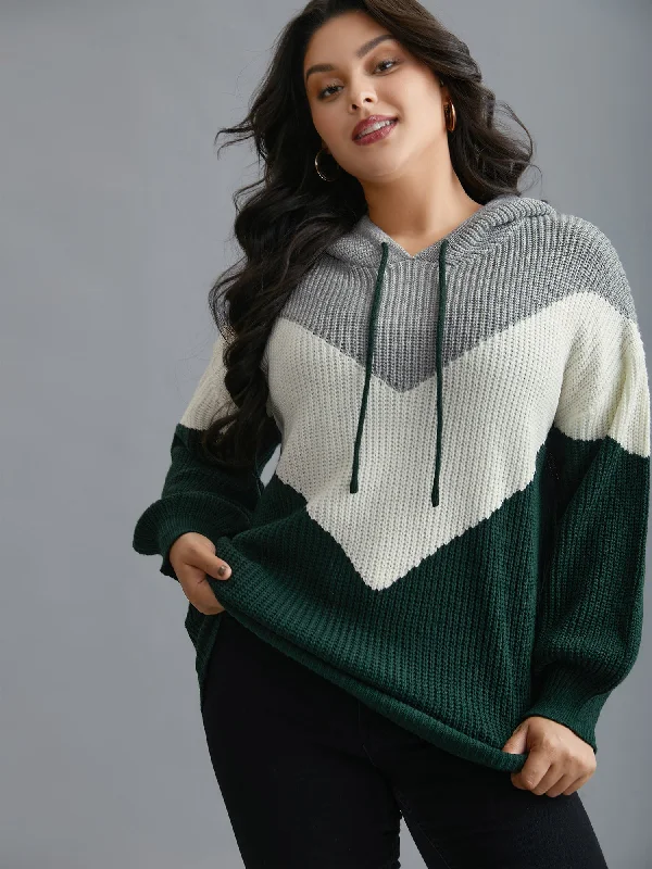 PullovercozyHooded Color Contrast Drop Shoulder Pullover