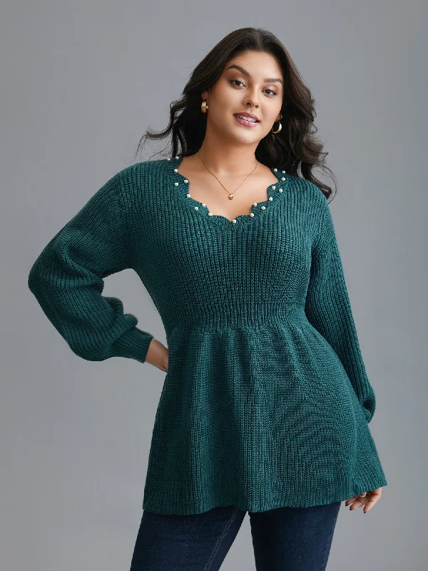 PulloverretroWavy Neckline Pearl Waist-Defining Pullover