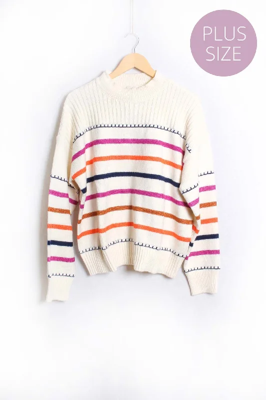 PulloverhueWomen's Plus Long Sleeve Striped Pullover Knit Sweater