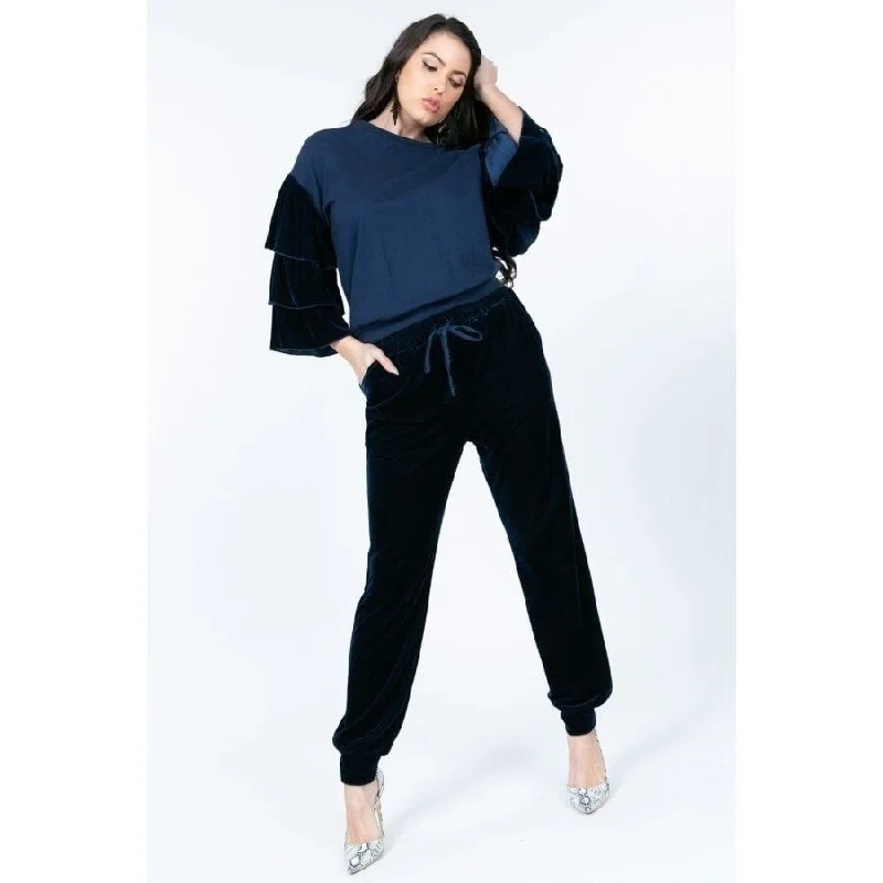 PulloverbuttonTiered Velvet Ruffle Sleeve Pullover Crewneck Top